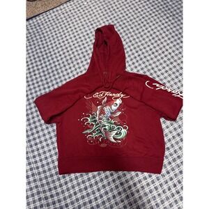 Ed Hardy Womens Koi Fish Tattoo Graphic Cropped Hoodie Maroon Red EHWR1501-8 L